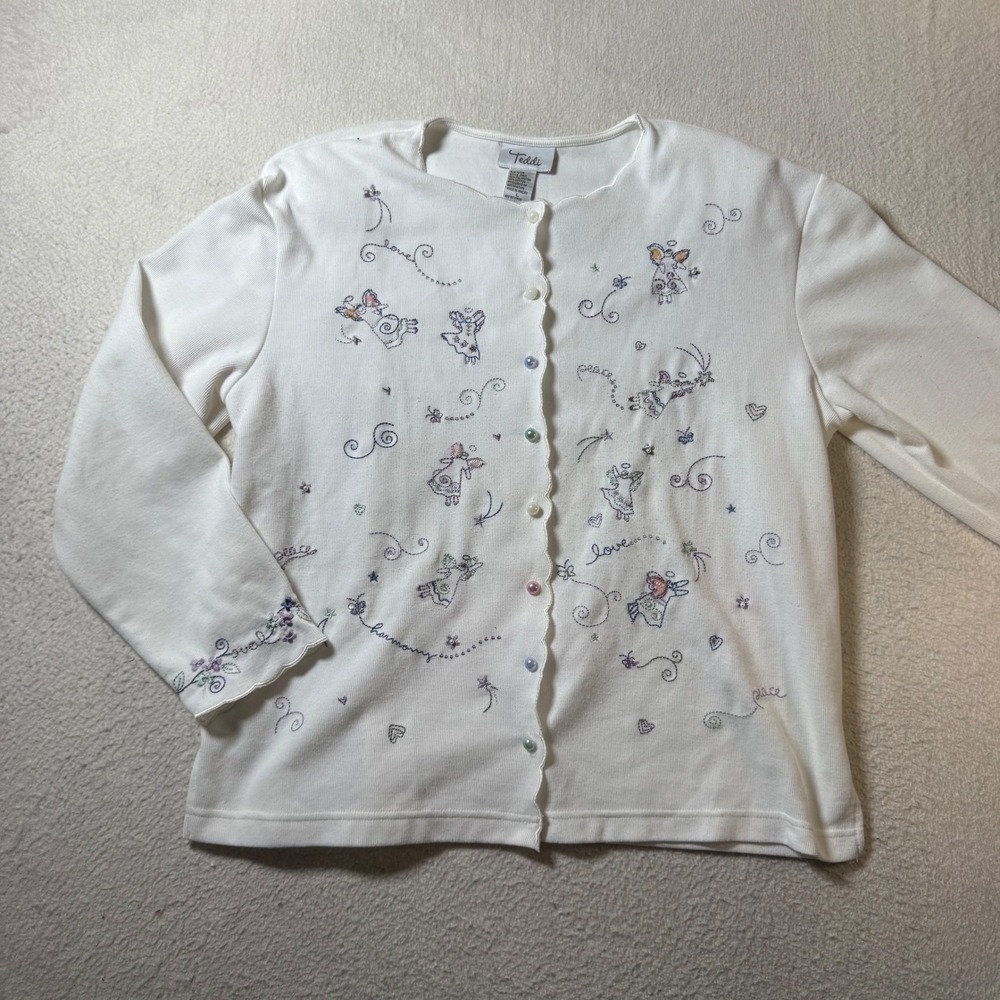 Teddi Cardigan Sweater Womens Large White Excellent Angel Embroidered Scalloped
